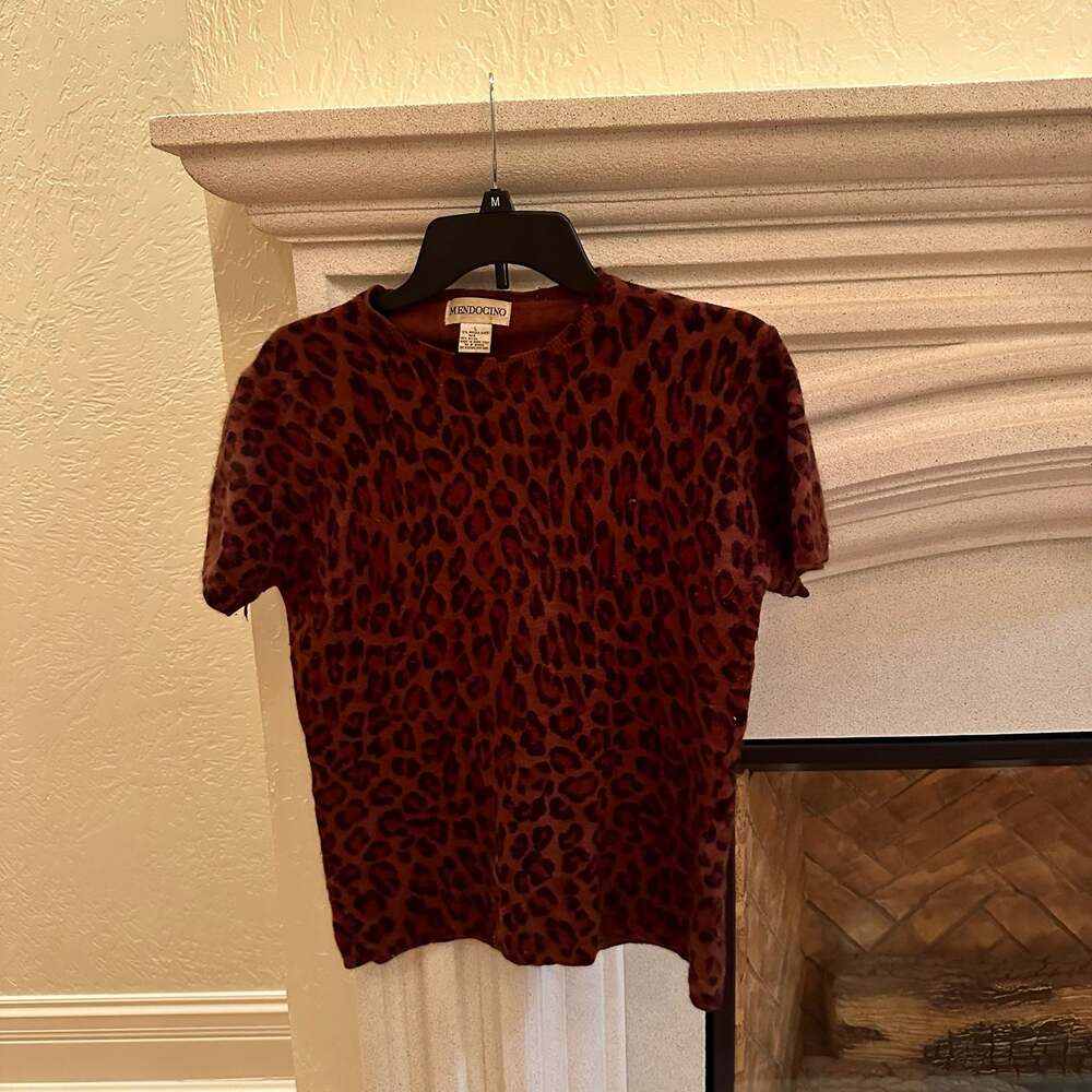 Mendocino Vintage Angora Rabbit Hair Blend Leopard Print Crewneck Sweater